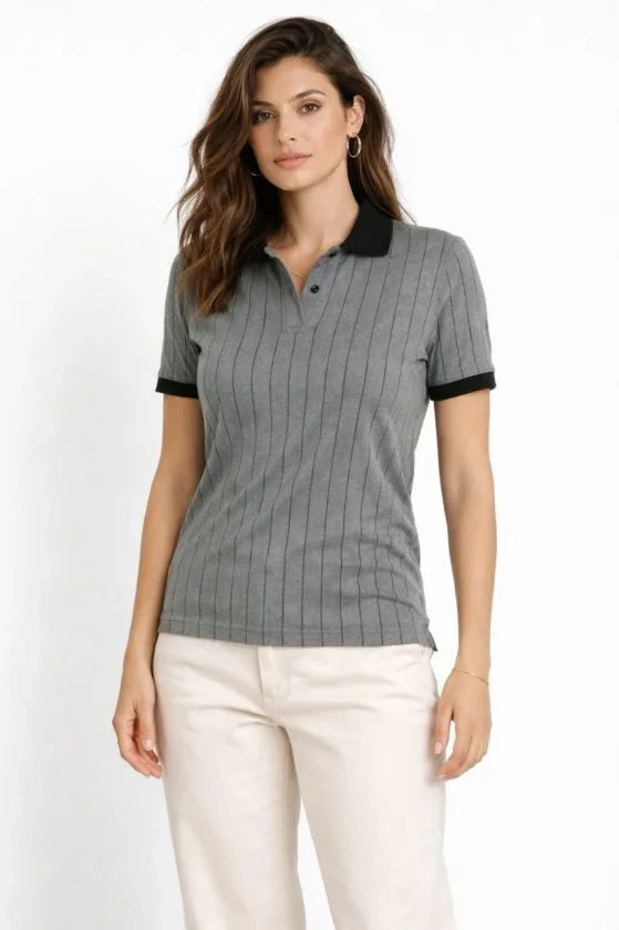 Polo Yaka Çizgili Tişört Kısa Kol Düğmeli Yazlık T-Shirt - Gri