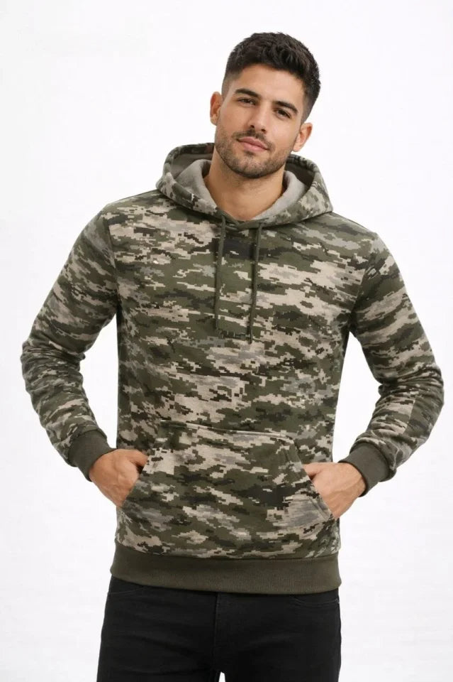 Erkek Kamuflaj Desenli 2 İplik 4 Mevsim Kapüşonlu Kanguru Cepli Hoodie Sweatshirt - Kamuflaj