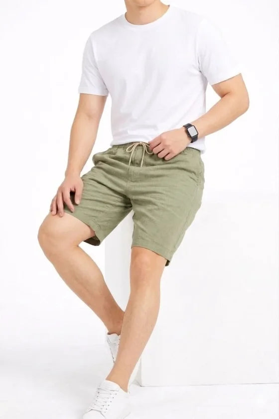 Men's Linen Fabric Pocket Relaxed Fit Elastic Waist Shorts - Mint Green