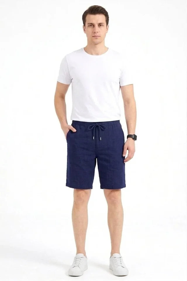 Men's Linen Fabric Pocket Relaxed Fit Elastic Waist Shorts - Navy Blue
