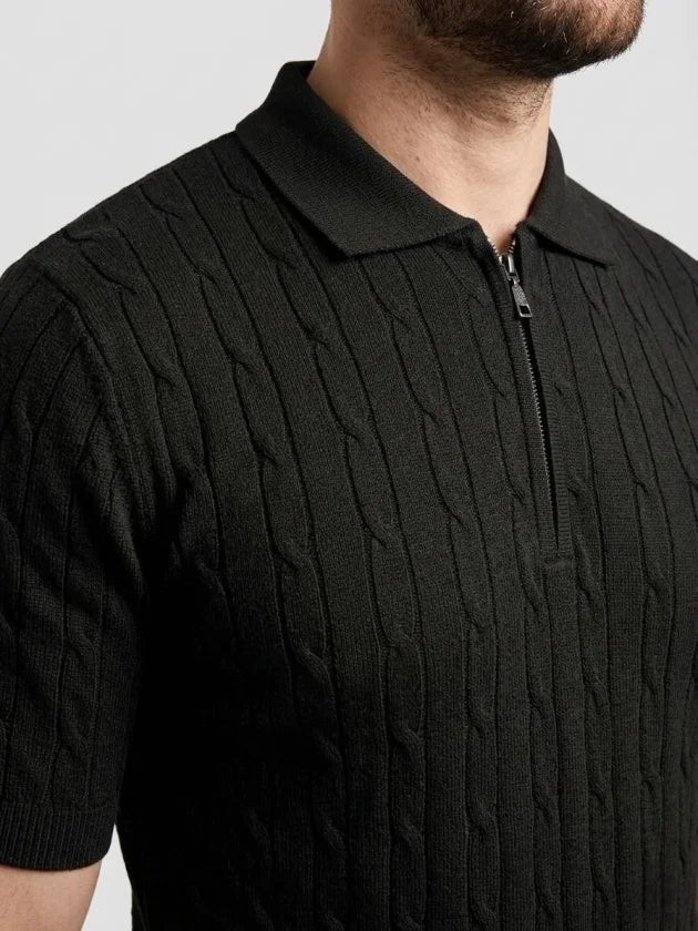 Men's Summer Knit Cable Knit T-Shirt Short Sleeve Polo Collar Zippered T-Shirt - Black