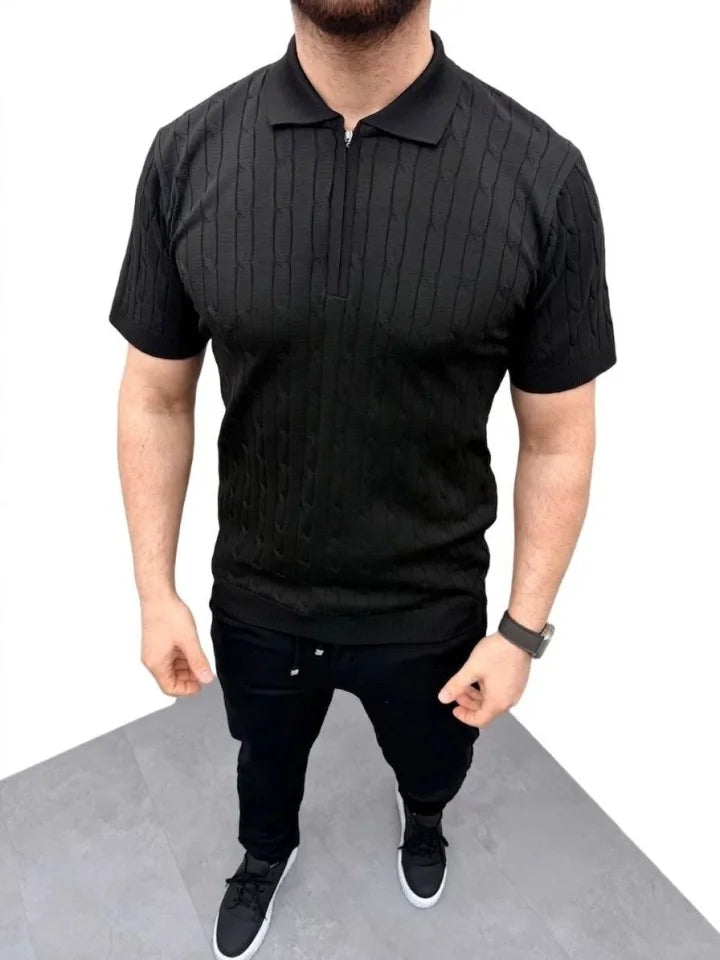 Men's Summer Knit Cable Knit T-Shirt Short Sleeve Polo Collar Zippered T-Shirt - Black