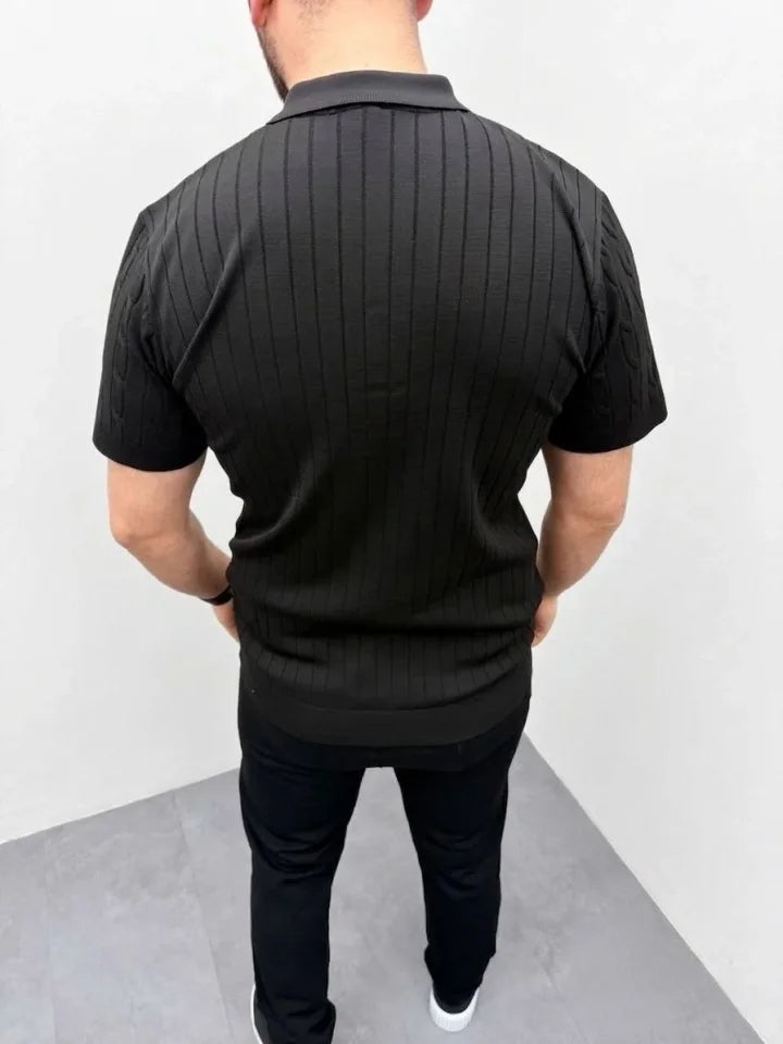 Erkek Yazlık Triko Saç Örgü Tişört Kısa Kol Polo Yaka Fermuarlı T-Shirt - Siyah