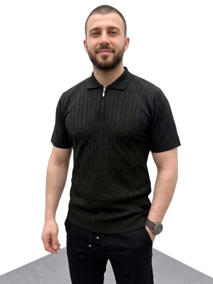Erkek Yazlık Triko Saç Örgü Tişört Kısa Kol Polo Yaka Fermuarlı T-Shirt - Siyah