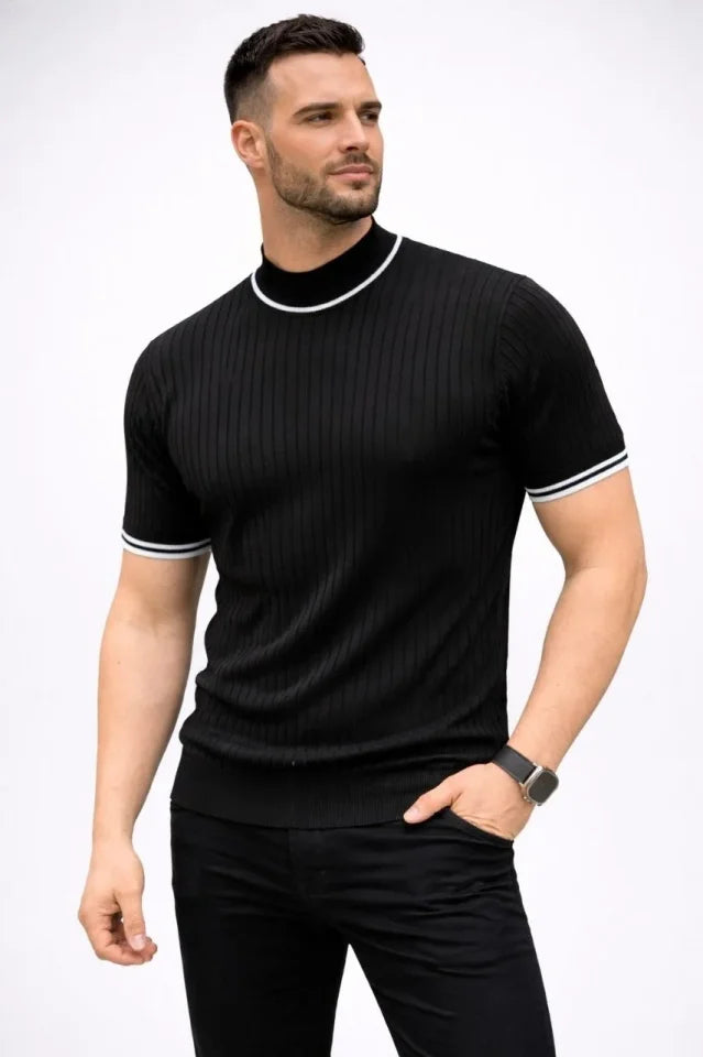 Erkek Fitilli Triko Dokuma Kısa Kol Tişört Yarım Boğaz Modern Yazlık T-Shirt - Siyah