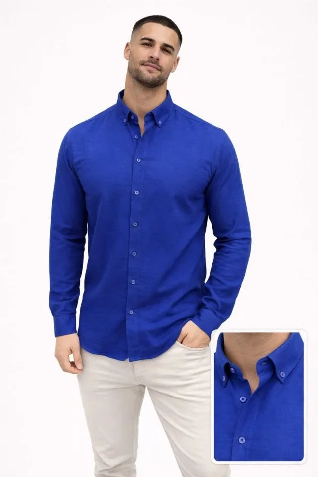 Erkek KETEN Kumaş Oversize Uzun Kollu Rahat Kalıp Gömlek - Saks Mavisi