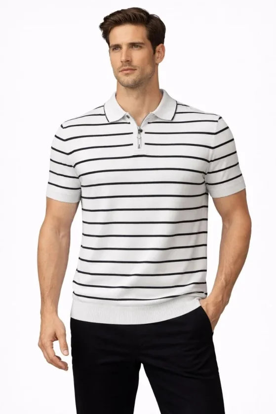 Men's Knit Polo Collar Zippered Striped T-Shirt Summer Elegant - White