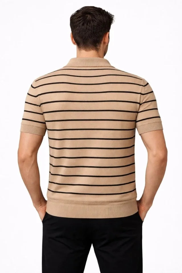Erkek Triko Polo Yaka Fermuarlı Çizgili Tişört T-Shirt Yazlık Şık - Kahverengi