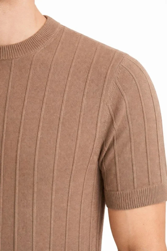 Erkek Yazlık Fitilli Triko Tişört Kısa Kol Bisiklet Yaka T-Shirt - Kahverengi