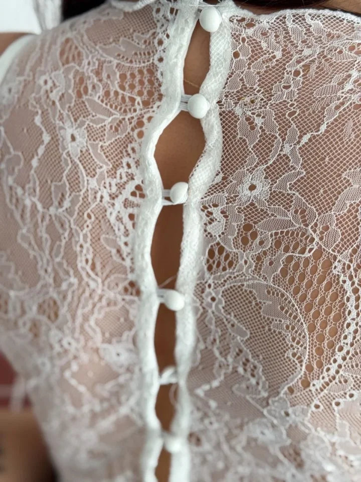 Dantel Detaylı Derin Dekolte Body Şık Kolsuz Yazlık Bodysuit - Beyaz