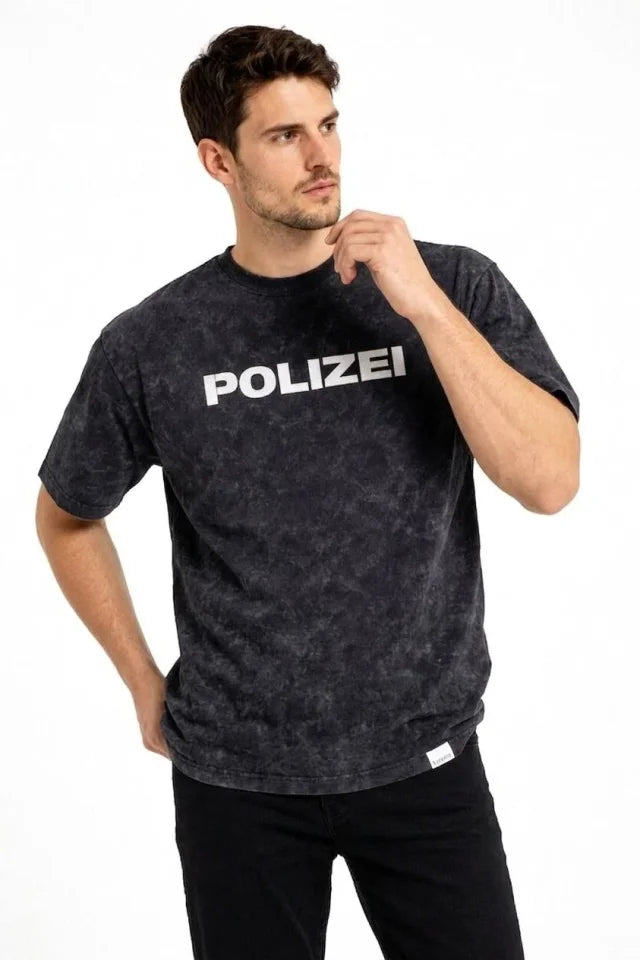 Erkek Asit Yıkamalı Baskılı Tişört Bisiklet Yaka Kısa Kollu Streetwear T-shirt - Siyah
