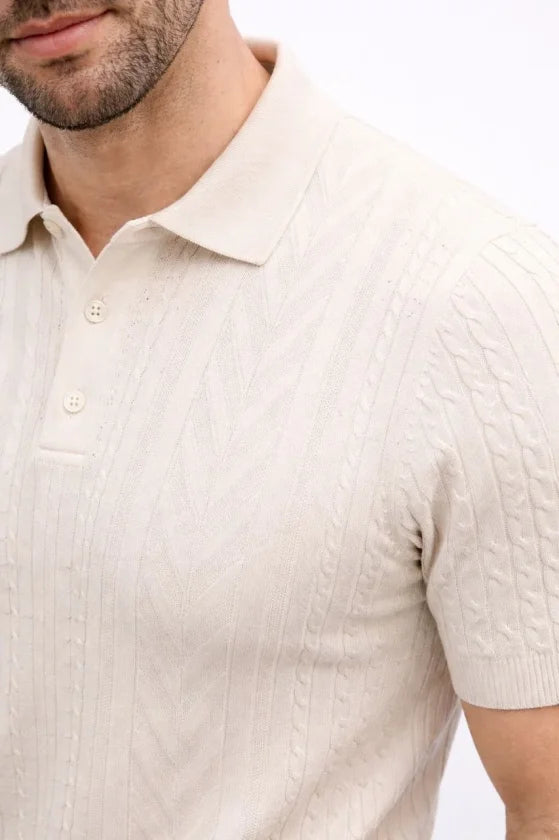 Erkek Yazlık Triko Tişört Kısa Kol Polo Yaka Düğmeli T-Shirt - Krem