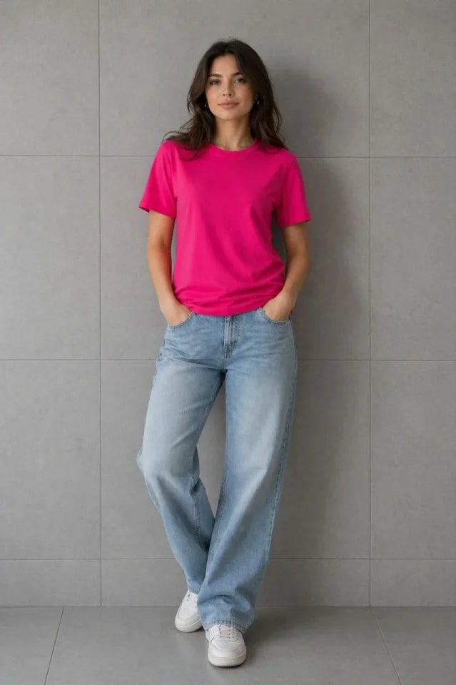 Basic Pamuklu Tişört Bisiklet Yaka Düz Renk Relaxed Fit T-Shirt - Fuşya