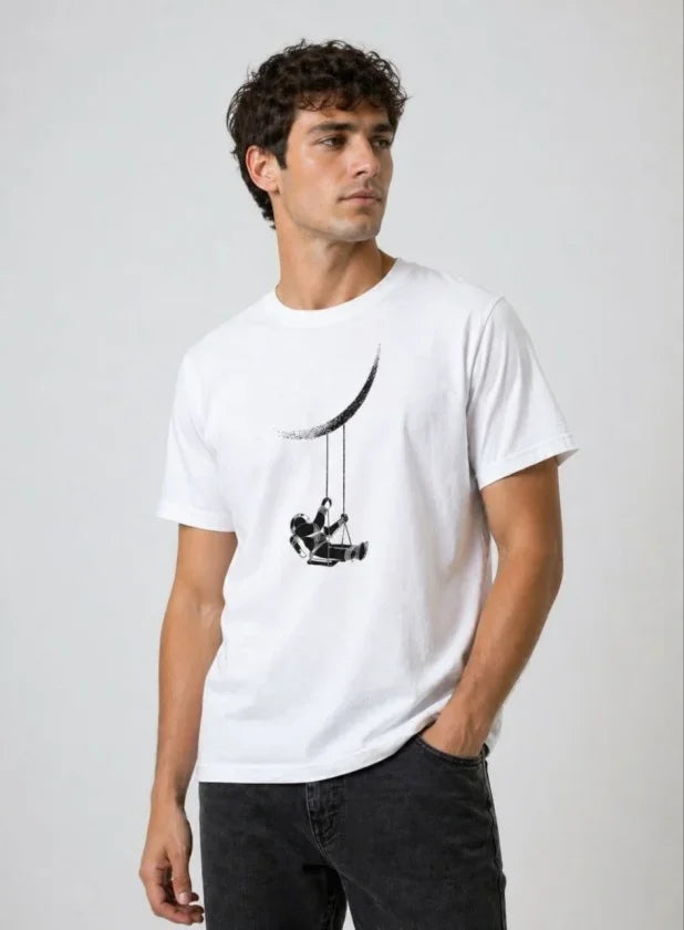 Erkek Astronot Ay Temalı Tişört Kısa Kol Yazlık Bisiklet Yaka T-Shirt - Beyaz