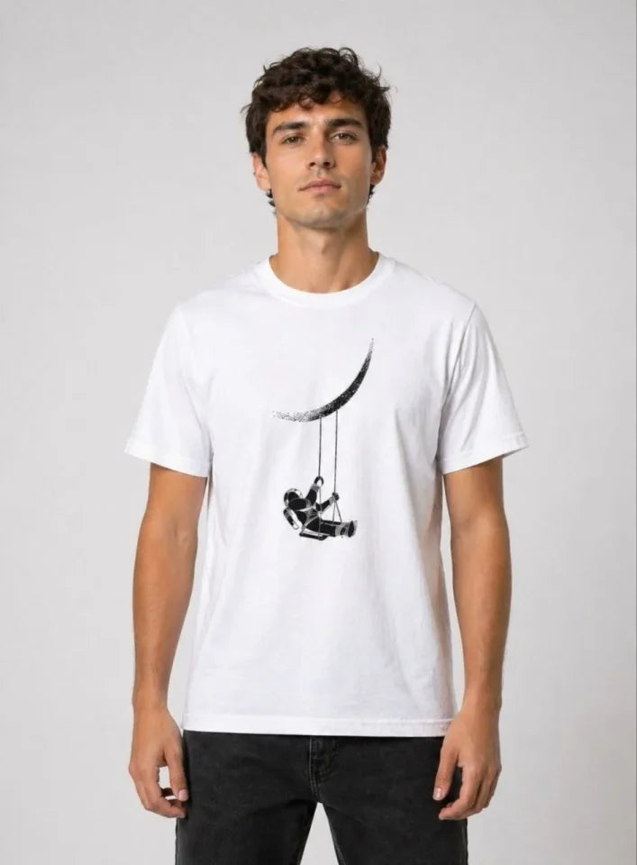 Erkek Astronot Ay Temalı Tişört Kısa Kol Yazlık Bisiklet Yaka T-Shirt - Beyaz