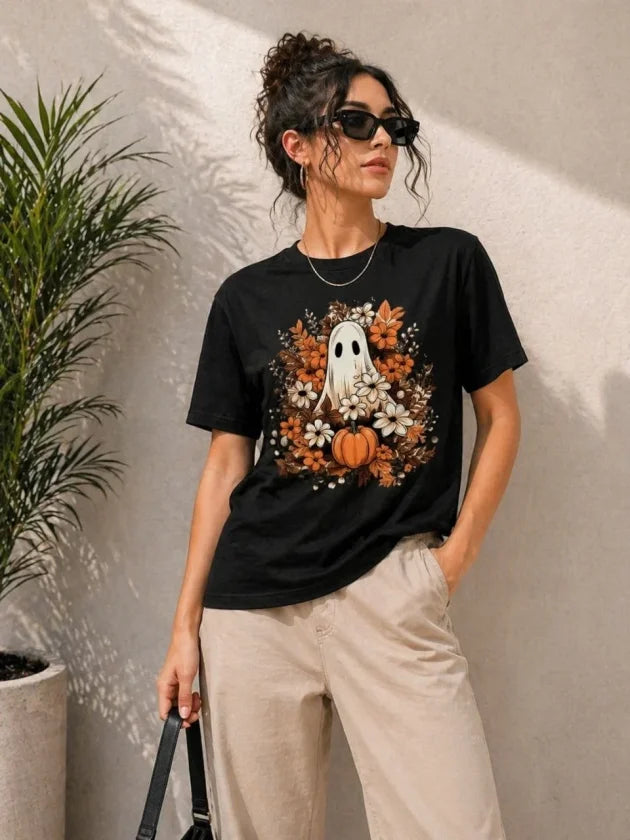 Balkabağı Hayalet Baskılı Tişört Kısa Kol Yazlık T-Shirt - Siyah