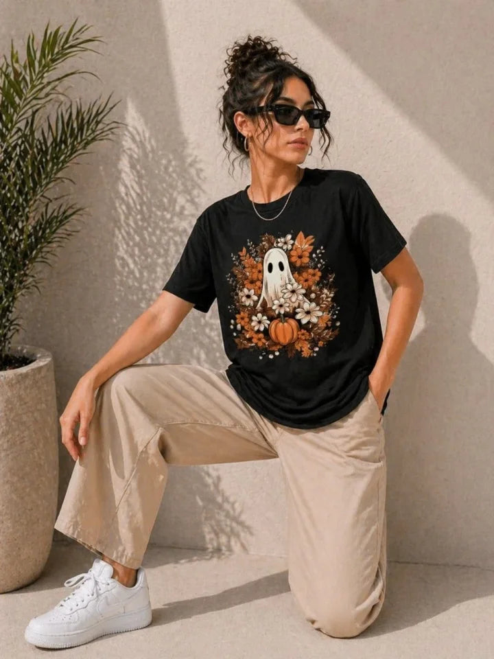 Balkabağı Hayalet Baskılı Tişört Kısa Kol Yazlık T-Shirt - Siyah