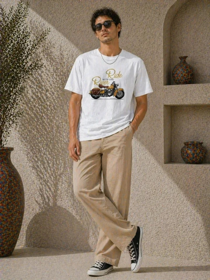 Erkek Motosiklet Baskılı Tişört Bisiklet Yaka Kısa Kol Yazlık T-Shirt - Beyaz