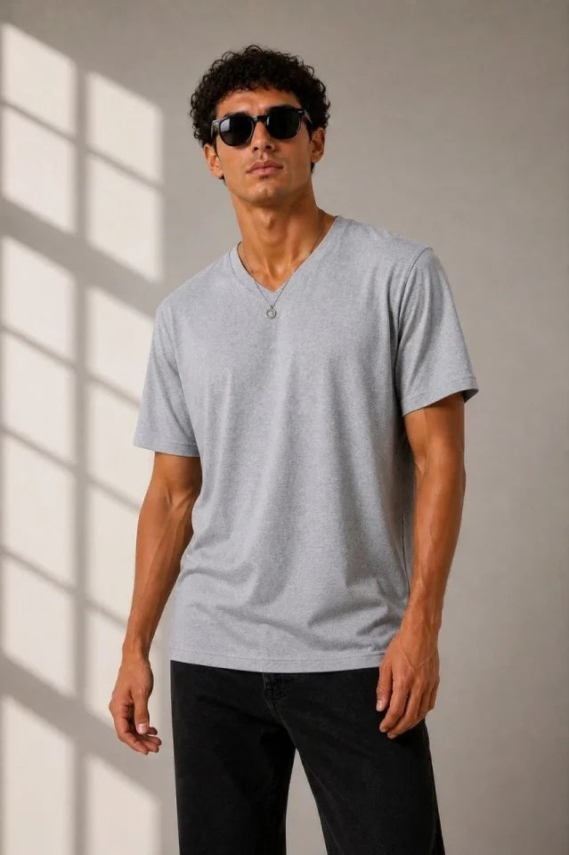 Men's V-Neck Basic T-Shirt Short Sleeve Summer Regular Fit T-Shirt - Gray