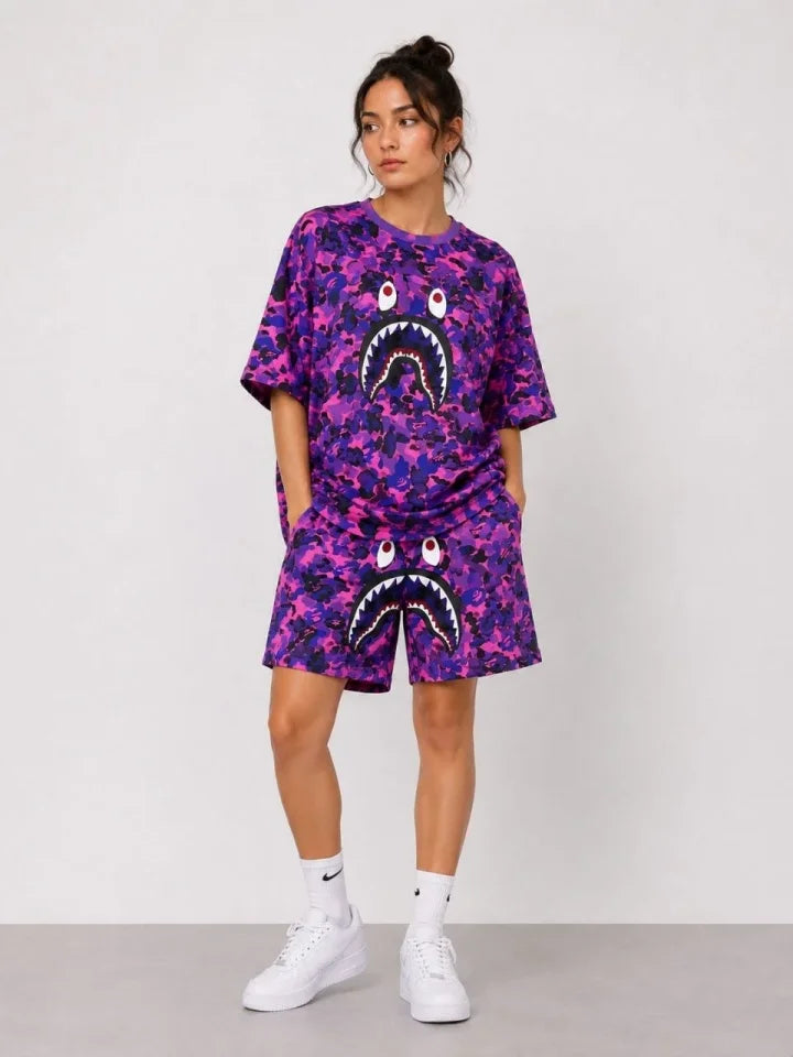 Oversize Kalıp Pubg Bape X Shark Nakışlı Cepli Şort Takım - Mor