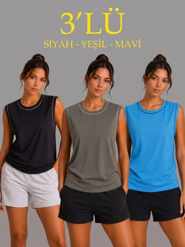 3’lü Kolsuz Sporcu Atlet Seti Yazlık Bisiklet Yaka - Siyah, Haki, Mavi