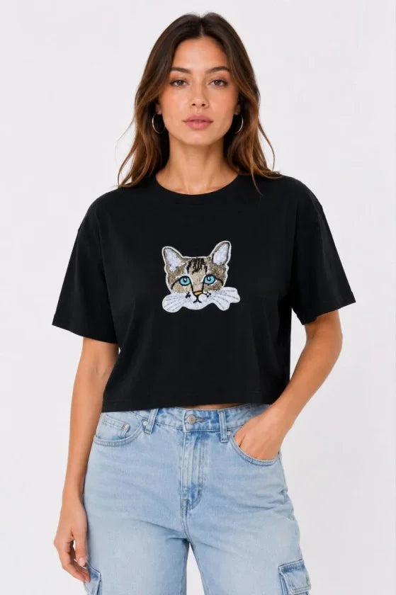 Kedi Baskılı Oversize Crop Tişört Salaş Basic Yarım Kol T-shirt - Siyah