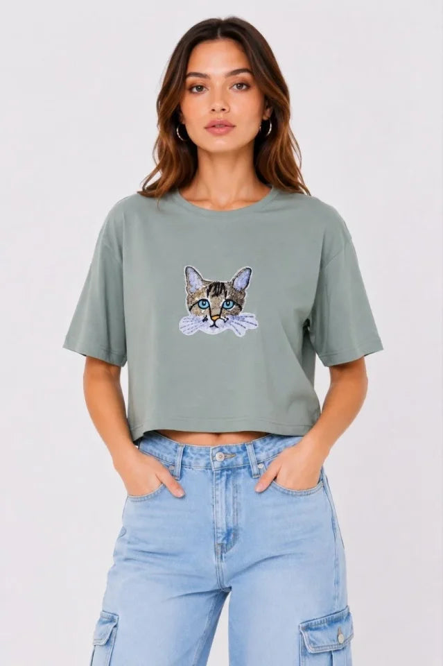 Kedi Baskılı Oversize Crop Tişört Salaş Basic Yarım Kol T-shirt - Mint Yeşili