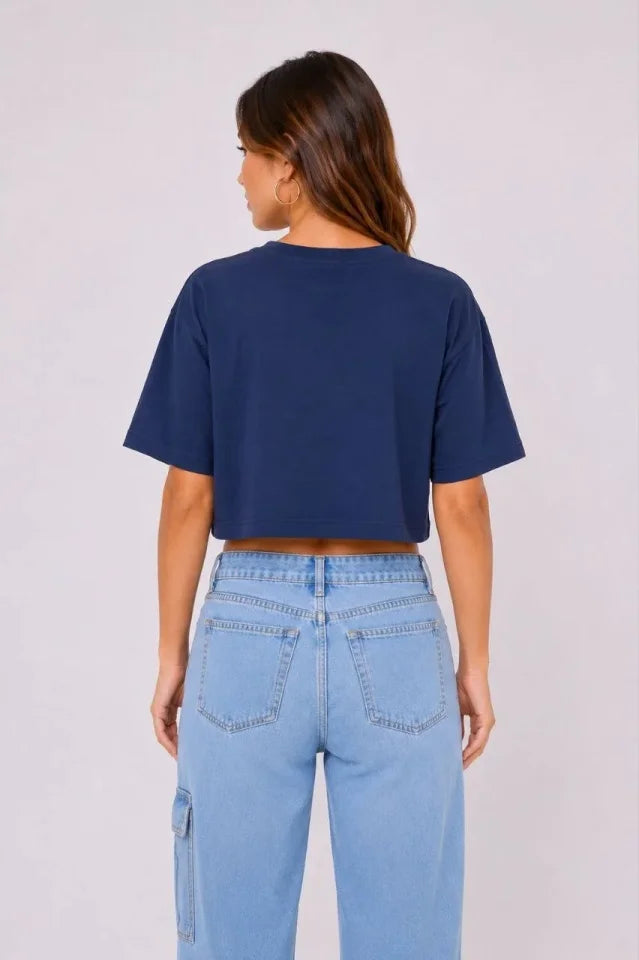 Kedi Baskılı Oversize Crop Tişört Salaş Basic Yarım Kol T-shirt - Lacivert