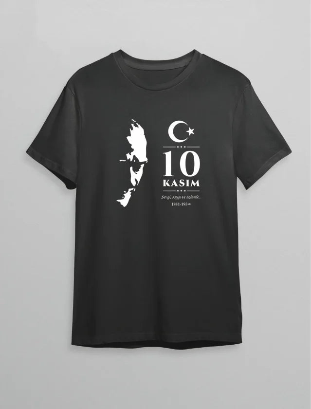 10 Kasım Atatürk Anma Günü Silüet Baskılı Oversize Bisiklet Yaka T-shirt - Siyah