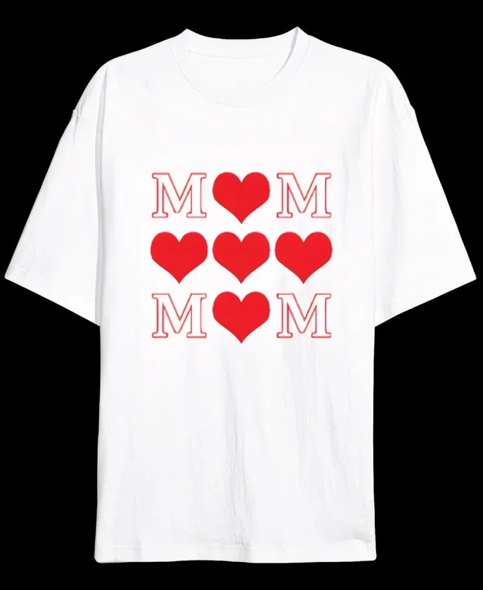Anneler Günü Hediye MOM Kalp Baskılı Oversize Bisiklet Yaka T-shirt - Beyaz