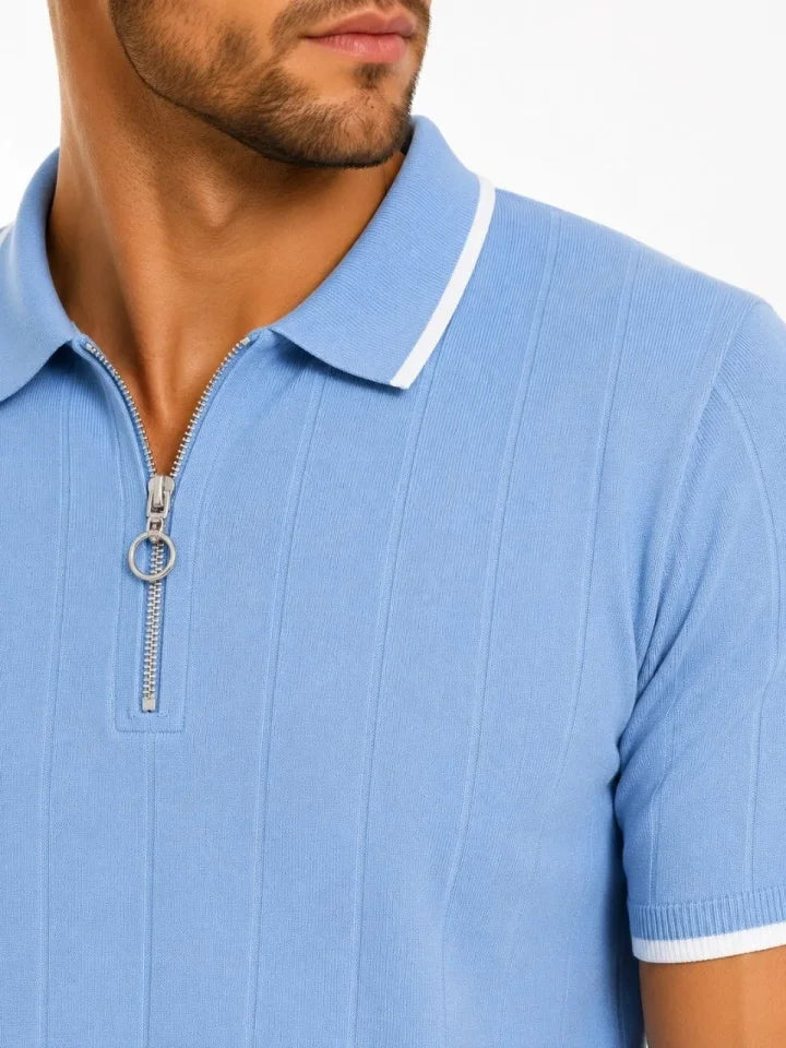 Erkek Fitilli Triko T-shirt Polo Yaka Yarım Fermuarlı Kısa Kollu Tişört - Açık Mavi