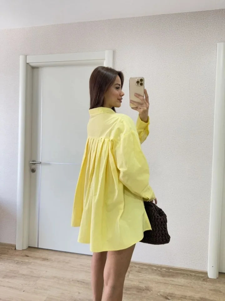 Oversize Pens Detaylı Cepli Yırtmaçlı Rahat Kalıp Poplin Gömlek - Sarı