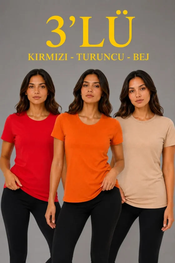 3’lü Kısa Kollu Bisiklet Yaka Basic Slim Fit T-Shirt - Kırmızı - Turuncu - Bej