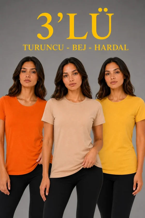 3’lü Kısa Kollu Bisiklet Yaka Basic Slim Fit T-Shirt - Turuncu - Bej - Hardal
