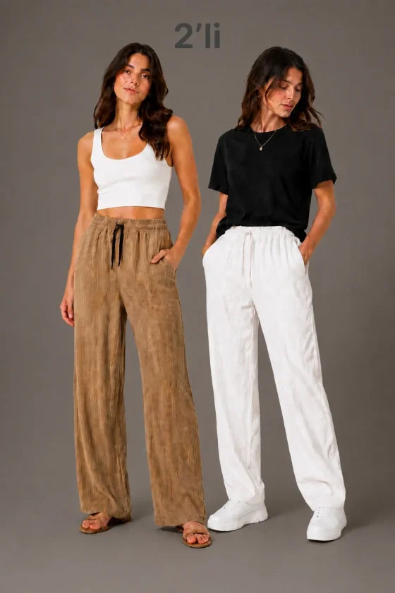 2li Bürümcük Kumaş Beli Lastikli Bağcıklı Bol Paça Pantolon - Beyaz/Vizon