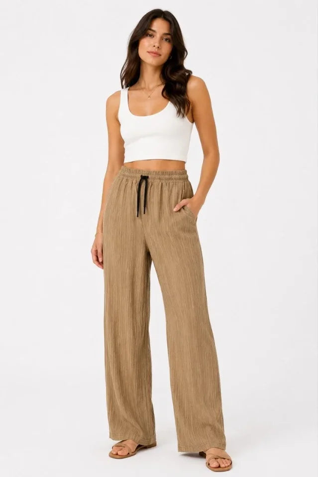 2li Bürümcük Kumaş Beli Lastikli Bağcıklı Bol Paça Pantolon - Beyaz/Vizon