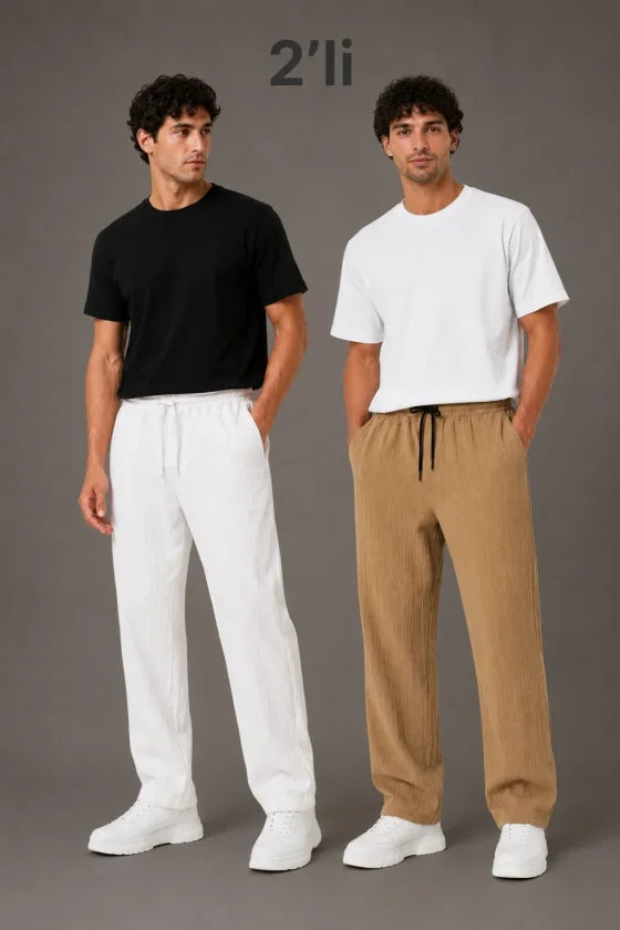 Erkek 2li Bürümcük Kumaş Beli Lastikli Bağcıklı Bol Paça Pantolon - Beyaz/Vizon