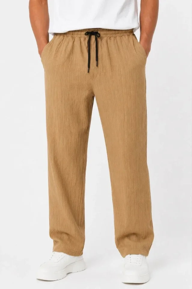 Erkek 2li Bürümcük Kumaş Beli Lastikli Bağcıklı Bol Paça Pantolon - Beyaz/Vizon