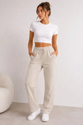 Piqué Woven Fabric Pocketed Sweatpants, Elasticated Drawstring Waist, 4-Season – Beige