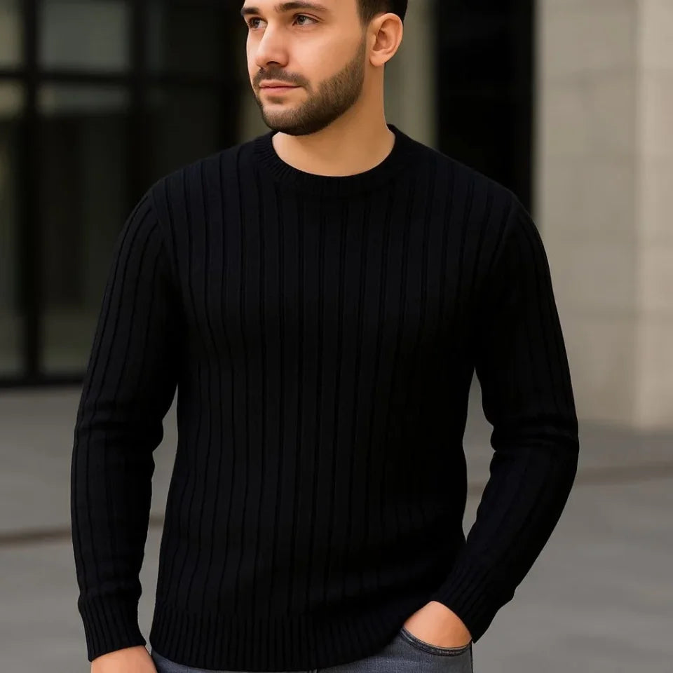 Erkek Fitilli Triko Kazak 2’li Set Siyah Saks Mavisi Kalın Dokuma Pamuklu Regular Fit