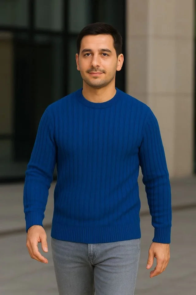 Erkek Fitilli Triko Bisiklet Yaka Kalın Kazak 3lü Set Beyaz-Saks Mavisi-Siyah