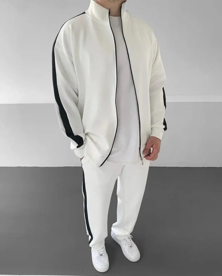 Erkek Scuba Kumaş Oversize Şerit Detaylı Fermuarlı Alt Üst Eşofman Takımı - Beyaz
