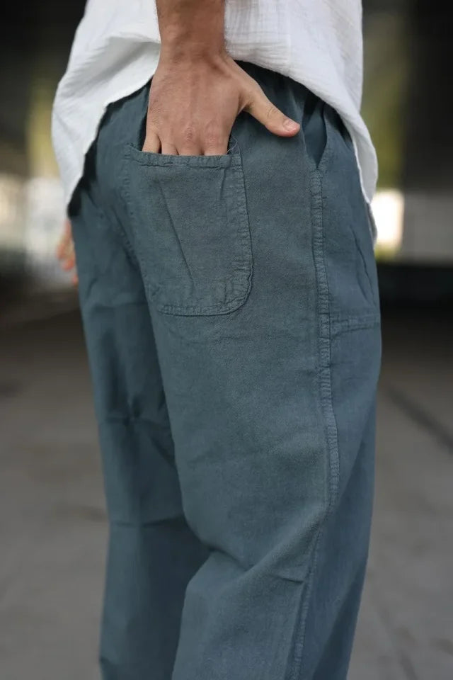 Erkek Ham Keten Beli Lastikli Cepli Regular Fit Boru Paça Pantolon - İndigo