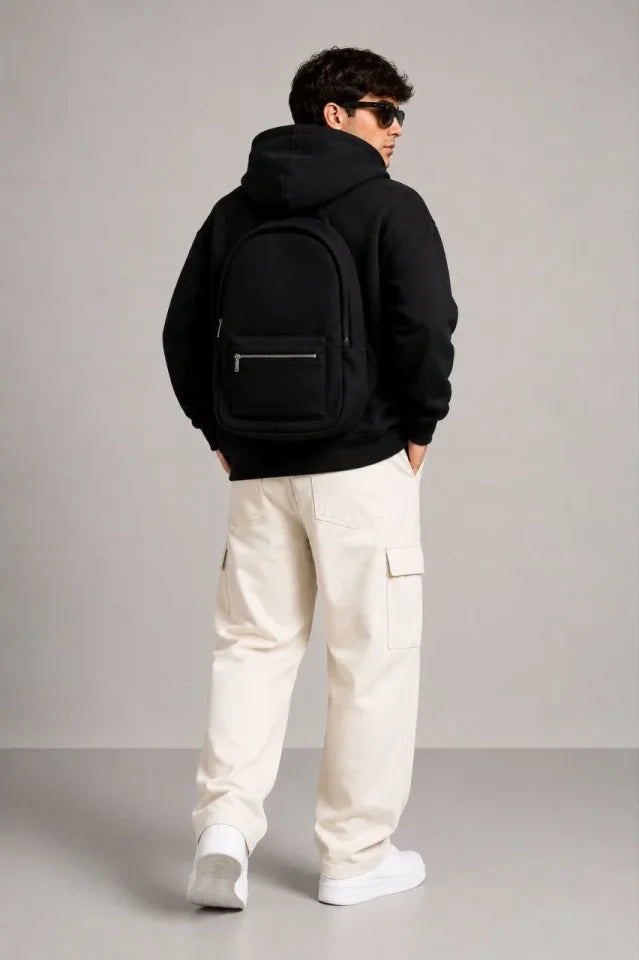 Erkek 3 İplik Şardonlu Tam Fermuarlı Kapüşonlu Arka Çanta Detaylı Sweatshirt - Siyah