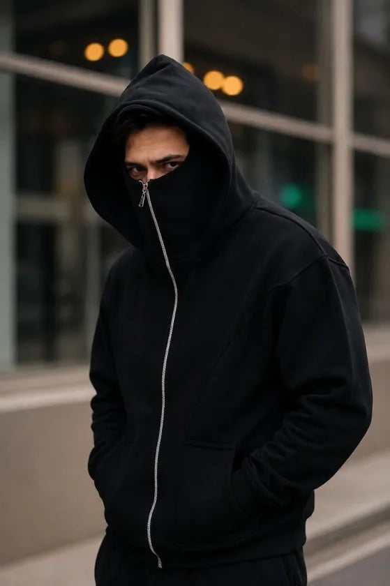 Erkek Maskeli Ninja Model Çift Kapüşonlu 3 İplik Şardonlu Fermuarlı Sweatshirt - Siyah
