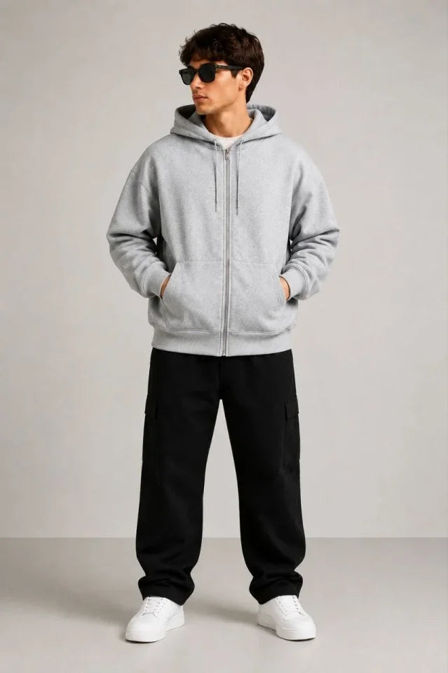 Erkek 3 İplik Şardonlu Tam Fermuarlı Kapüşonlu Arka Çanta Detaylı Sweatshirt - Gri