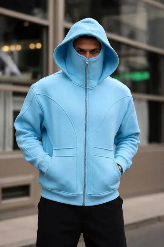 Erkek Maskeli Ninja Model Çift Kapüşonlu 3 İplik Şardonlu Fermuarlı Sweatshirt - Bebek Mavisi