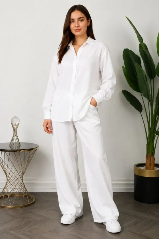 Sofya Keten Gömlek Pantolon Alt Üst Takım Uzun Kollu - Beyaz