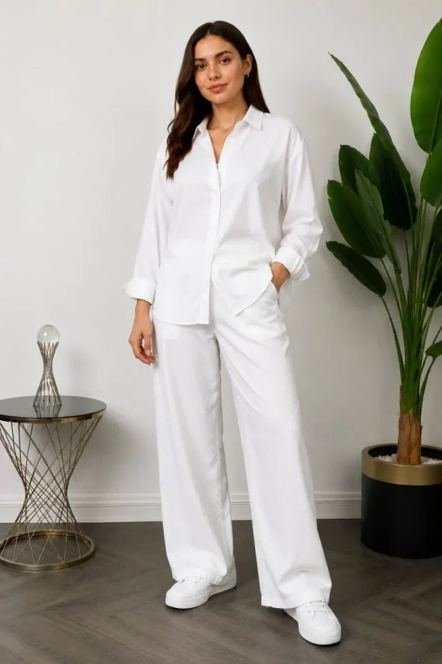 Sofya Keten Gömlek Pantolon Alt Üst Takım Uzun Kollu - Beyaz