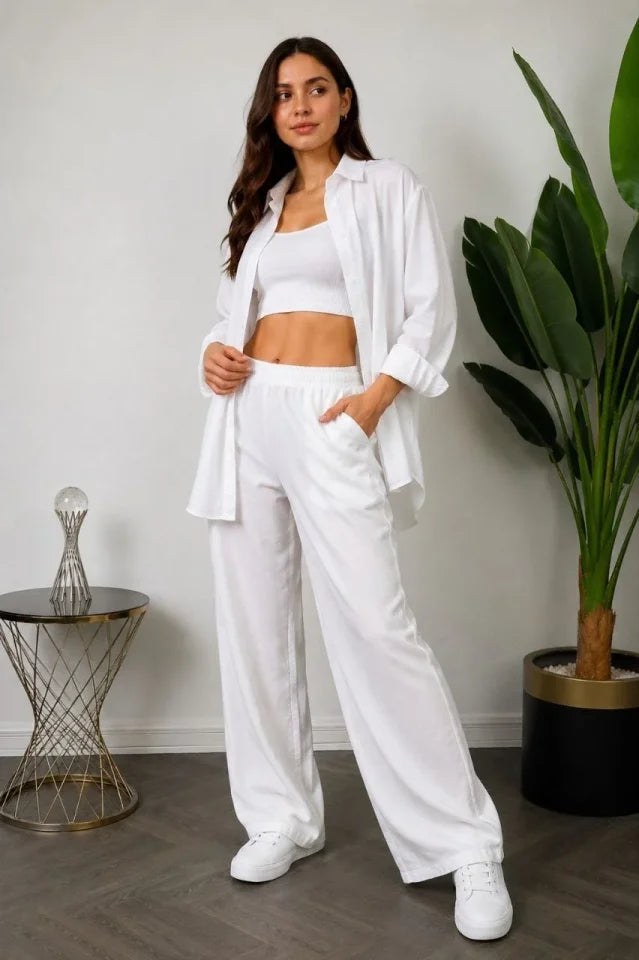 Sofya Keten Gömlek Pantolon Alt Üst Takım Uzun Kollu - Beyaz